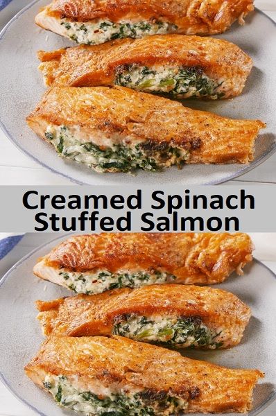 Creamed Spinach Stuffed Salmon Spinach Stuffed Salmon, Healthy Salmon Cakes, Honey Salmon Recipes, Salmon Ideas, Clean Eating Salmon, Salmon Recipe Pan, Salmon Recipes Oven, Dinner Salmon, Seared Salmon Recipes