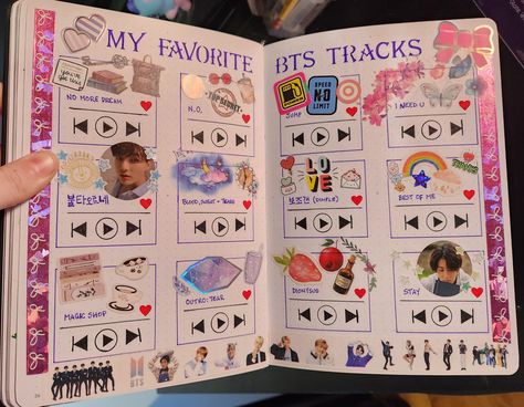 Dotted journal double-page spread with sparkling washi tape, titled "My Favorite BTS Tracks". Each page has 6 boxes drawn to look like a Spotify track with themed stickers for each song. Songs Journal, Scrap Journal, Bts Songs, Journal Page, Favorite Song, Magic Shop, Page Layout, Journal Pages, Inner Peace