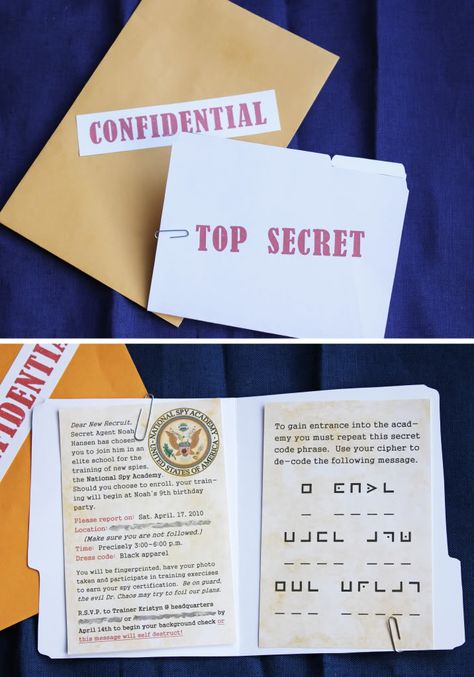 Free printable spy folders and mission sheets for spy kits to use for the preregistration day "passports" Geheimagenten Party, Secret Agent Party, Spy Birthday Parties, Detective Party, Spy Kit, Spy Party, Spy Games, Spy Kids, Mystery Party