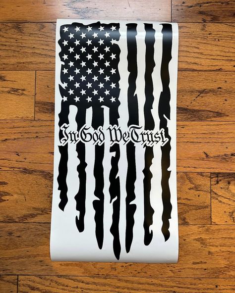 Tailgate decals. #ingodwetrust #ingodwetrustdecal #tailgatedecal #distressedflag Truck Window Stickers, American Flag Decal, Car Lettering, Custom Vinyl Decal, Flag Decal, In God We Trust, Custom Decals, Custom Vinyl, Window Decals