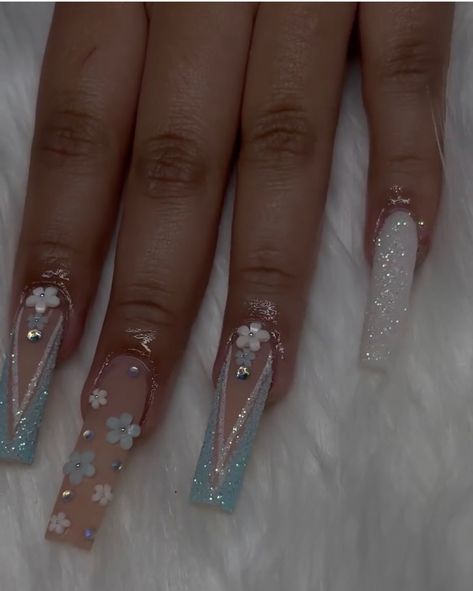 Sky Blue Quince Nails, Dusty Blue Prom Nails, Baby Blue Quince Makeup, Baby Blue Quince Nails, Baby Blue Prom Nails, Light Blue Quince Nails, Cinderella Blue Nails, Blue Quince Nails, Cute Baby Blue Nails