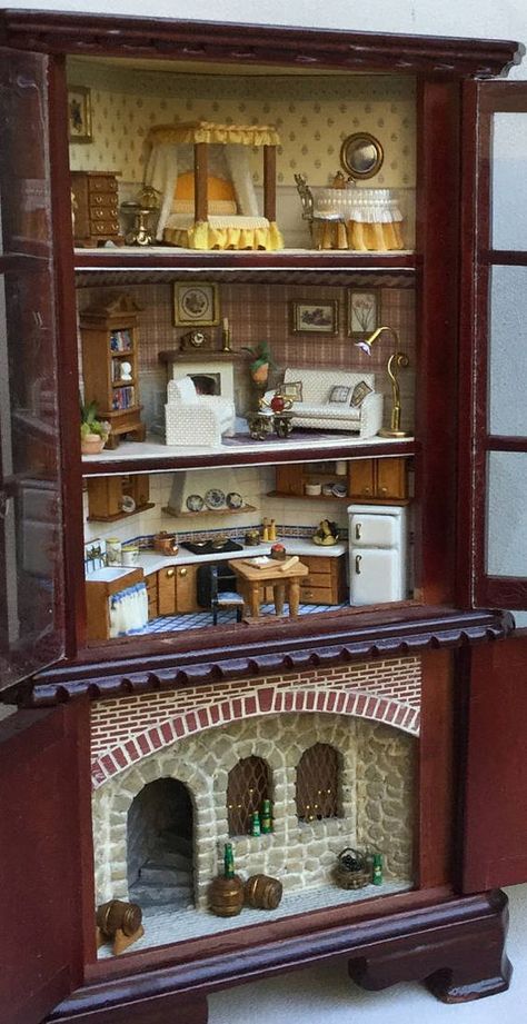 Dollhouse Cabinet, Doll House Crafts, Victorian Dollhouse, Dolls House Interiors, Miniature Rooms, Doll Display, Stone Walls, Corner Cabinet, Miniature Houses