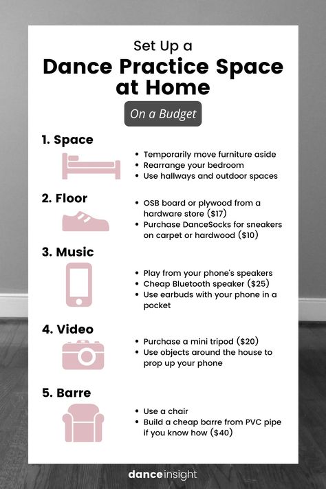 How to Set Up a Dance Practice Space at Home on a Budget – Dance Insight How To Learn Ballet At Home, Learning Ballet, Dance Career, Ballet Steps, Dance Room, Dance Coach, Training At Home, Dance Rooms, Ballet Studio