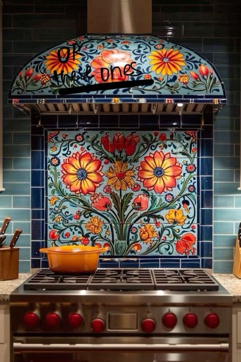 Funky Tiles, Backsplash Kitchen Ideas, Backsplash Options, Ceramic Backsplash, Beautiful Backsplash, Bohemian Kitchen, Mexican Home Decor, Mexican Home, Backsplash Kitchen