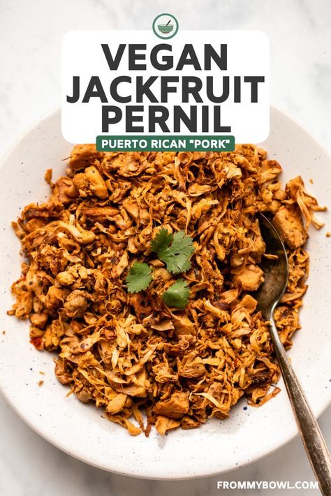 This Vegan Jackfruit “Pernil” is a take on the traditionally meat-centric Puerto Rican dish. Using jackfruit as “pulled pork,” this recipe tastes just like the real thing! Vegan Spanish Recipes, Pernil Recipe, Vegan Jackfruit, Vegan Pulled Pork, Jackfruit Recipes, Boricua Recipes, Easy Vegan Dinner, Vegan Cooking, Vegan Foods