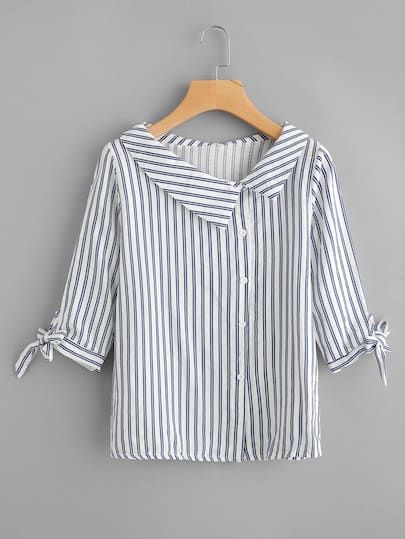 Shop Vertical Striped Tie Cuff Blouse online. SheIn offers Vertical Striped Tie Cuff Blouse & more to fit your fashionable needs. Tie Cuff Blouse, Áo Blu, Cotton Tops Designs, Fashion Tops Blouse, Striped Tie, Kurta Designs, Striped Blouse, Ladies Tops Fashion, Kurti Designs