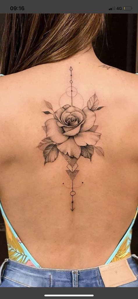 Rose Tattoo On Back, Feminine Back Tattoos, Tattoo Ideas Inspiration, Spine Tattoo Ideas, Upper Back Tattoos, Hip Thigh Tattoos, Spine Tattoos For Women, Crown Tattoo, Tattoo Design Book