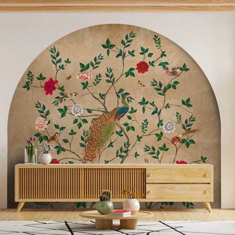 Midweek inspiration: Creating a focal point with our best-selling peacock murals, adding a touch of nature and elegance to your home!  . . {Home styling, Wall Art, Wallpaper Collection, Wallpaper Styling, Dream Home} . . . #VRSA #VRSAhome #Homeinspiration #Homedecoration #Summerhome #Indianhomedecor #SouthAsian #Homedecor #Wallpaper #Indianhome  #Wallpaperdesign #Wallpaperideas #Summertime Living Room Wallpaper Indian, Luxury Living Room Colors, Bedroom Wall Colors Indian, Wallpapers In Living Room, Handmade Wall Painting, Wallpaper On Bedroom Wall, Wallpaper On Wall Living Room, Wallpaper For Living Room In India, South Indian Wall Decor