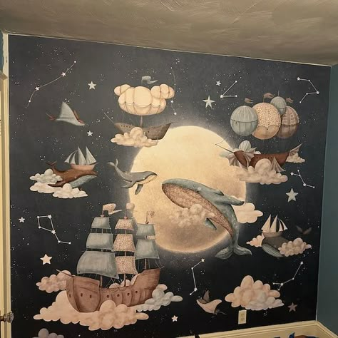 STARDUST Stars Nursery Wall Mural / Night Sky Constellations - Etsy Myanmar Night Time Nursery Theme, Space Whale Nursery, Whimsical Nursery Ideas, Celestial Nursery Theme, Whales Nursery, Themed Nursery Ideas, November Painting, Night Mural, Whale Themed Nursery