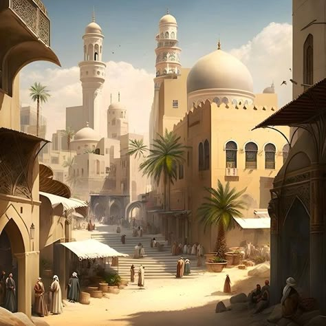 Arab City Fantasy Art, Arab Fantasy City, Arab Palace Fantasy Art, Medieval Arabic City, Desert City Art, Desert City Fantasy Art, Desert Fantasy City, Fantasy Desert City, Arabic Palace