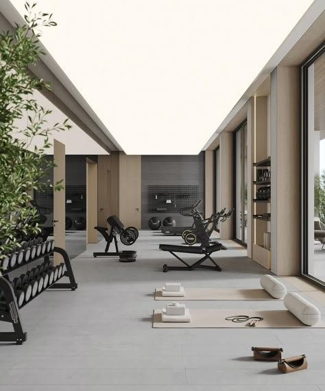 Modern Yoga Studio, Plain Ceiling, Wellness Room, Basement Inspiration, Gym Room At Home, Gym Interior, Home Gym Design, Gym Room, Bungalow Design