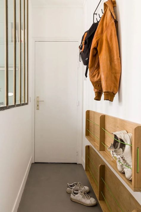 Entryway Shoe Storage Wall, Shoe Storage Studio Apartment, Shoes In Hallway, Metal Shoe Storage, Hanging Shoes On Wall, Small Shoe Storage Entryway, Shoe Hallway Storage, In Wall Shoe Storage, Small Apartment Shoe Storage