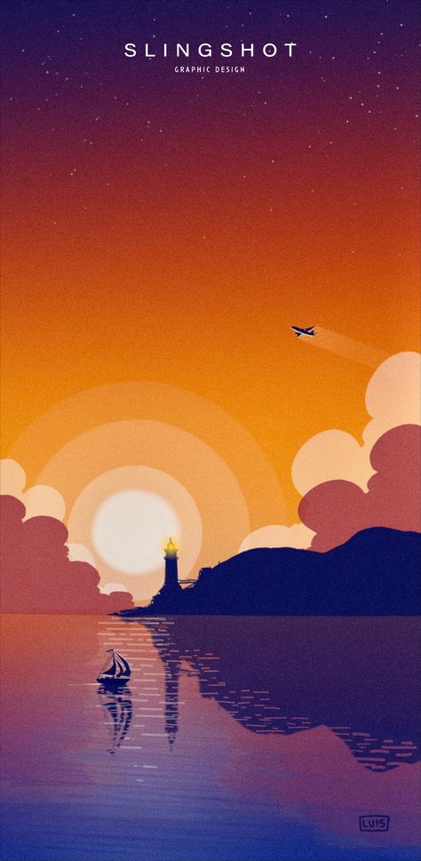 Digital illustration of a sunset over a bay and lighthouse. We can see a boat on the water and a plane in the sky Lighthouse Digital Art, Sunset City Illustration, Sunset Sky Illustration, Beach Sunset Illustration, Sunrise Illustration, Sailor Illustration, Lighthouse Illustration, Sun Ideas, Sunset Illustration