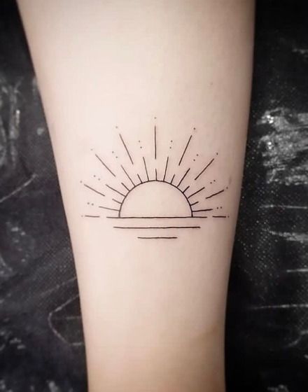 Get Inspired By 50+ Brightest Sun Tattoo Ideas In 2024 — InkMatch Small Sunrise Tattoo Simple, Sun Line Work Tattoo, Sunrise Line Tattoo, Lake Sunset Tattoo, Sunray Tattoo, Sun Line Tattoo, Minimalist Sun Tattoo, Cute Sun Tattoos, Half Sun Tattoo