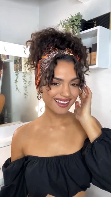 - Check more at https://howcandothis.com/hairstyleideas/103481/ Short Curly Hair With Headband Ideas, Turban Curly Hair, Curly Bun With Headband, Tie Headband Hairstyles, Bandanna Hairstyle Curly Hair, Curly Updo With Headband, Headbands With Curly Hair, Bandana With Curly Hair, Curly Hair With Scarf