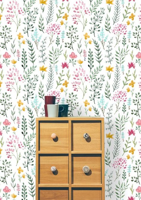 Watercolor Cute, With Wallpaper, Fun Wallpaper, Wallpaper Accent, Wallpaper Rolls, Vintage Nursery, Cute Flowers, Big Girl Rooms, Nursery Wallpaper