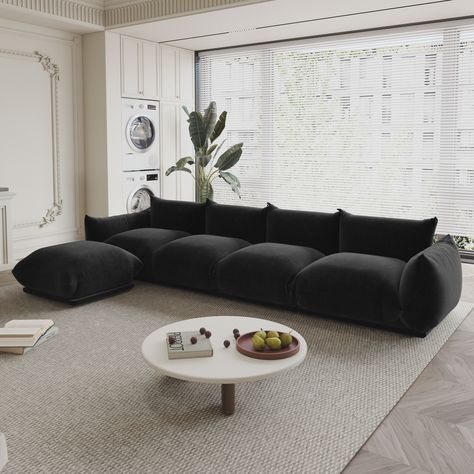 If you don't like too soft sofa, this sofa is good choice for you. Bring a touch of modern and stylish to your living room with this 130.7” L-shape Chenille Modular Sofa Modern Sectional Hard Sofa Couch with Ottoman. Black Sectional Living Room, Black Couch Living Room, Black Sofa Living Room, Black Couch, Deep Sofa, Couch With Ottoman, Bohemian Living Rooms, Sofa Modern, Future Apartment Decor