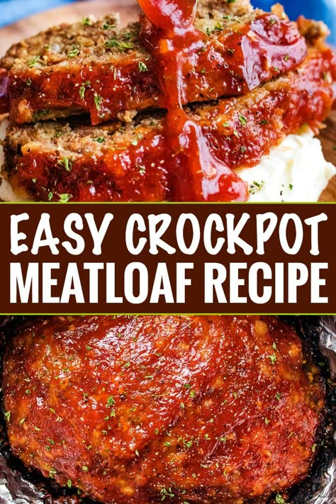 The Best Crockpot Meatloaf is a way to enjoy classic comfort food, even on a busy weeknight!  Moist and tender, this meatloaf recipe is always a family favorite! #meatloaf #crockpot #slowcooker #comfortfood #weeknightrecipe #dinnerrecipe #beef #groundbeef #family Best Crockpot Meatloaf, Meatloaf Crockpot, Easy Crockpot Meatloaf, Crockpot Meatloaf Recipes, Crockpot Meat, Crockpot Meatloaf, Office Food, Chunky Chef, Best Crockpot