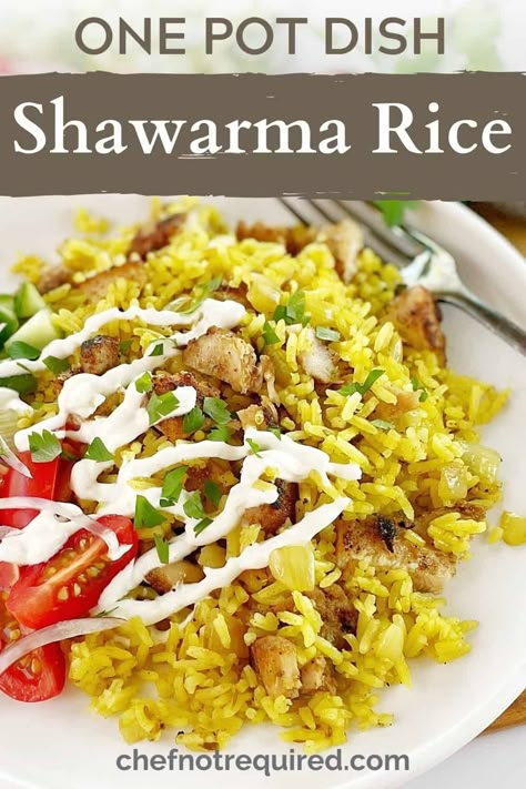 This recipe for shawarma rice is a one pot wonder! Packed with shawarma spices, this quick and easy take on chicken shawarma and rice will be a family favourite in no time! This recipe uses chicken thighs, so the chicken comes out tender and juicy. #chefnotrequired #shawarma #shawarmarice Chicken Shawarma Meal, Shawarma Recipe Vegetarian, Sharwama Chicken, Schwarma Spice Recipe, Beef Sharwama Recipes, Shwarma Chicken Thigh Recipe, Shawarma Potatoes, Chicken Sharwama Recipe, Shawarma And Rice