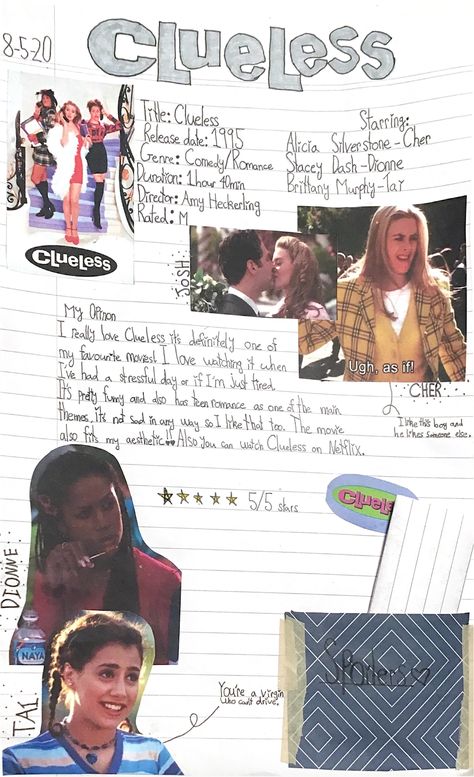 Movie Review Journal Ideas, Movie Bullet Journal, Review Aesthetic, Bullet Journal Review, Clueless Movie, Movie Collage, Music Journal, Dream Journal, Journal Writing Prompts