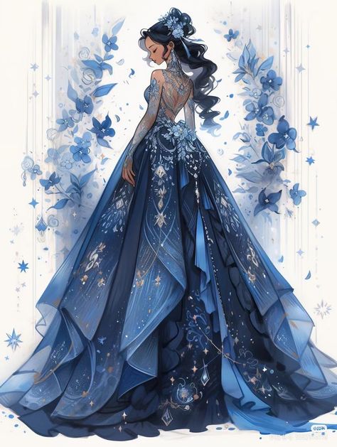 Blue Fantasy Dress Drawing, Blue Fantasy Dress, Sapphire Blue Dress, Cotton Dress Indian, Dreamy Gowns, Dress Design Drawing, Dress Art, Old Fashion Dresses, Fashion Sketches Dresses