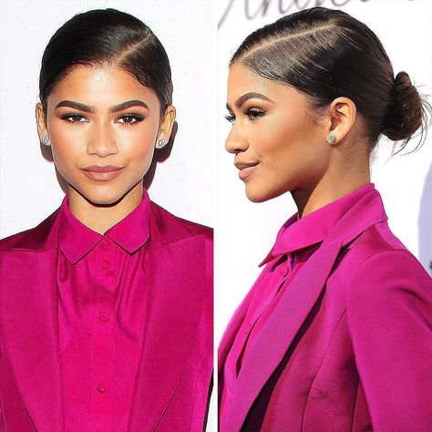 Sleek Pulled Back Hairstyles, Side Part Slicked Back Bun, Slick Bun Side Part, Zendaya Slick Back Bun, Zendaya Bun Hairstyles, Zendaya Bun, Slick Back Bun Side Part, Side Part Slick Back Bun, Slick Side Part Bun