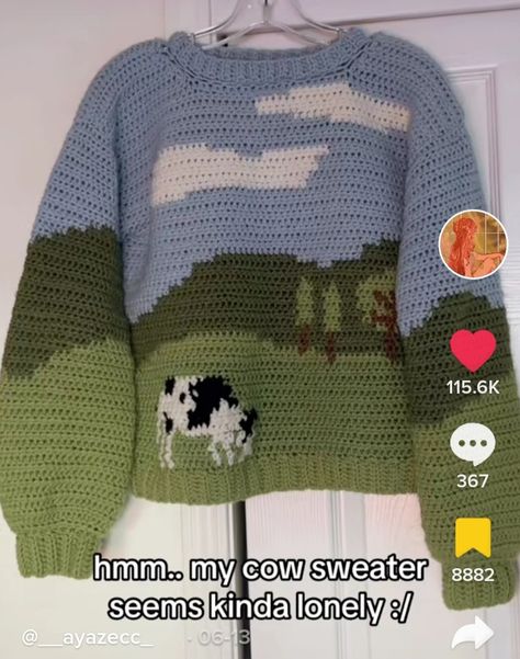 Cow Sweater Crochet, Crochet Landscape Sweater, Crochet Sweater Landscape, Crochet Sweater Grid Pattern, Sheep Crochet Sweater, Crochet Sheep Sweater Pattern, Crochet Cow Tapestry, Dinosaur Crochet Sweater, Crochet Animal Sweater