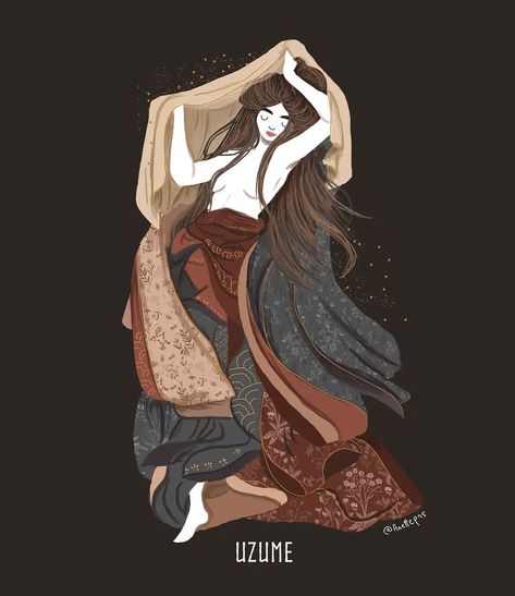 Anette Pirso | Uzume. Goddess of joy happiness and good health in shinto religion. Uzume danced, stripping away her clothes, to bring the Japanese sun… | Instagram Goddess Illustration, Japanese Gods And Goddesses, Amaterasu Goddess Art, Sun Goddess, Kunitsu-gami: Path Of The Goddess, Japanese Sun Goddess Amaterasu, Hina Goddess Of The Moon, Japanese Goddess, Ritual Dance