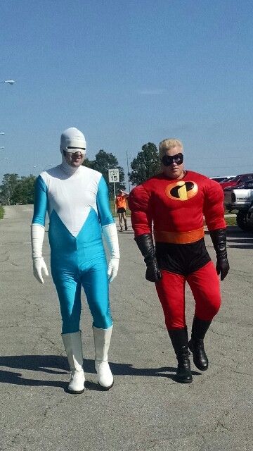 My hubby as Mr. Incredible Friend who wore our Frozone costume made by some talented designers. Mr And Mrs Incredible Costume Couple, Mirage The Incredibles Costume, Mr Incredible Costume, Frozone Costume, Mr & Mrs Incredible Costume, Incredibles Cosplay, Halloween Constumes, Ball Costume, Mr Incredible