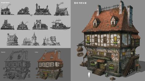 ArtStation - A medieval inn (pub), tae hoon kang Medieval Inn, Taverna Medieval, Feng Zhu Design, Feng Zhu, Buildings Artwork, Steampunk City, Medieval Market, Cartoon House, Medieval Houses