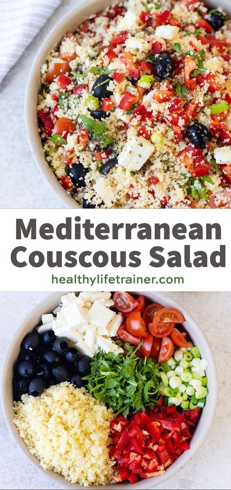 Mediterranean Couscous Salad is super easy, super delicious salad. It is also healthy and customizable. #healthysalad #Mediterraneansalad #Couscoussalad #savourycouscous #easylunchrecipe #healthylunchrecipe Summer Couscous Salad, Summer Couscous, Simple Couscous Recipes, Lemon Herb Dressing, Colourful Vegetables, Salad Mediterranean, Mediterranean Couscous Salad, Summer Pasta Dishes, Couscous Salad Recipes