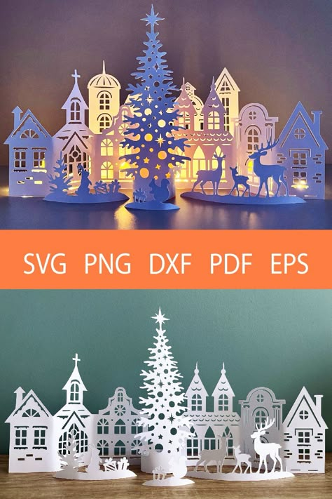 Christmas village svg template, 3d Christmas scene papercut#christmasscenesvg #christmaspapersvg #christmaspapercraft Christmas Papercut, Christmas Paper Craft, 3d Templates, 3d Svg Files, Family Holiday Cards, Gingerbread House Ideas, Projets Cricut, 3d Paper Crafts, Christmas Villages