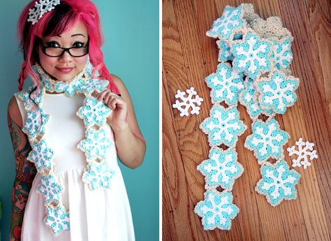 Free Crochet Pattern at Michaels.com: Snowflake Sugar Cookie Scarf Snowflake Sugar Cookie, Crochet Cookie, Yarn Clothing, Bunting Crochet, Twinkie Chan, Snowflake Sugar Cookies, Snowflake Sugar, Crochet Bunting, Crocheted Scarves