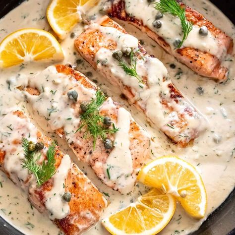 20-Minute Salmon With Creamy Garlic & Dijon Mustard Sauce Lemon Dijon Sauce, Salmon Dijon, Salmon With Lemon And Dill, Salmon Sauce Recipes, Creamy Dijon Sauce, Salmon Sauce, Dijon Mustard Sauce, Dijon Salmon, Creamy Dijon