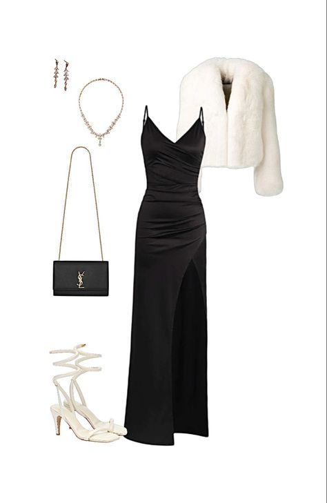 Elegant Outfit Idea, outfit idea, elegant, glamour, rich, fashion, black dress, ysl bag, ysl, fur jacket, gold jewlery, gold necklace, gold earings, white heels, gala outfit, long dress, dior, chanel, fashion week, dress,heels, earings, purse Ysl Outfit Ideas, Ysl Heels Outfit Dress, Ysl Black Dress, Ysl Outfits Women, Heels Outfits Dress, Ysl Outfit, Chanel Fashion Week, Ysl Dress, Ysl Necklace