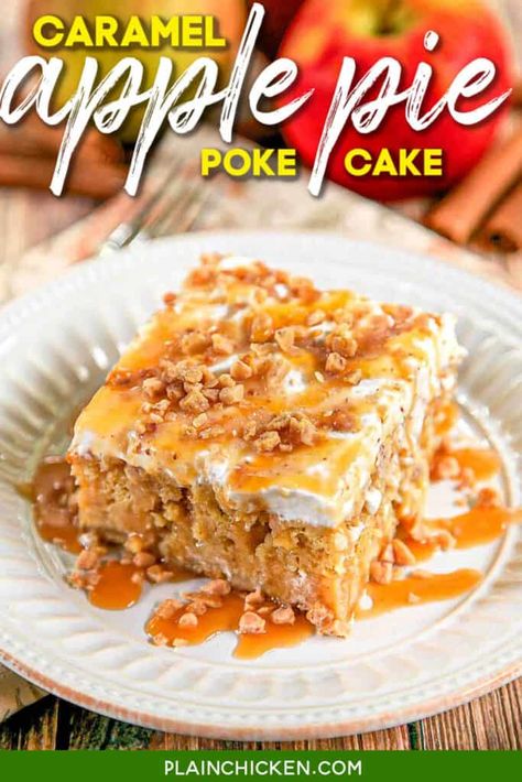 Caramel Apple Pie Poke Cake - Plain Chicken Butter Brickle Cake, Apple Pie Poke Cake, Apple Poke Cake, Butter Brickle, Apple Pie Cake, Caramel Ice Cream Topping, Popular Desserts Recipes, Butter Pecan Cake, Canned Apple Pie Filling