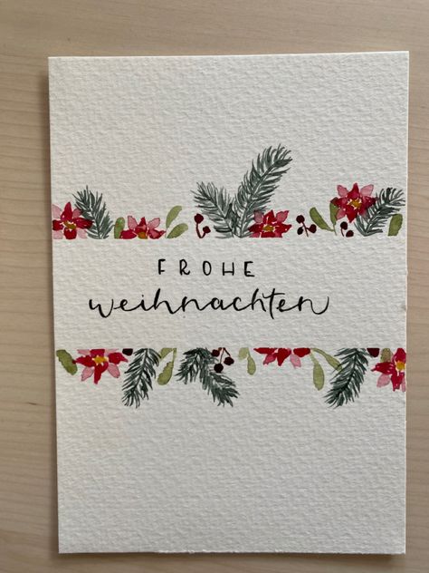 Simple Watercolor Cards Christmas, Diy Watercolour Christmas Card, Drawing Christmas Card Ideas, Simple Holiday Cards Diy, Xmas Card Watercolor, Christmas Cards Doodle, Watercolour Holiday Cards, Christmas Water Colour Card, Christmas Watercolors Easy