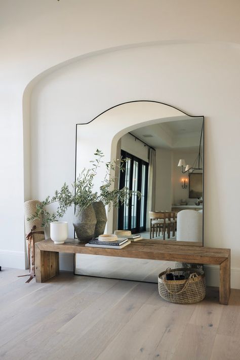 #PrettyInPVProj - THELIFESTYLEDCO Shop Modern Organic Entryway Bench, Mirror On Bench, Entry Way Floor Mirror Ideas, Floor Length Mirror Entryway, Entry Bench With Mirror, Mirror Bench Entryway, Bedroom Entryway Ideas Master, Modern Home Decor Style, Entryway Mirror Inspiration