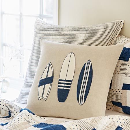 Surf Room, Applique Cushions, Quilted Pillow Covers, Cottage Bed, Beach Pillows, Fabric Paint Designs, White Feather, Surf Board, White Feathers