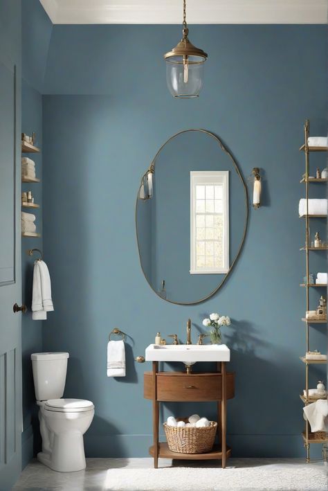 wall paint colors, home remodeling, interior design services, kitchen remodels, bathroom renovation Sherwin Williams Blue Bathroom, Smokey Blue Bathroom, Charcoal Blue Bathroom, Blue Wall Bathroom Ideas, Blue Accent Wall Bathroom, Blue Bathroom Paint Colors, Blue Half Bathroom, Blue Wall Bathroom, Blue Walls Bathroom