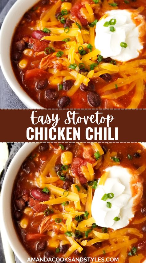 Easy Chicken Chili Stovetop, Chicken Chili Beans, Quick Chicken Chili Recipe, Chili Recipe With Chicken, Stovetop Chicken Chili, Chicken Chili Dutch Oven, Ground Chicken Chili Recipe Easy, Easy Chicken Chili Recipe, Stove Top Chicken Chili