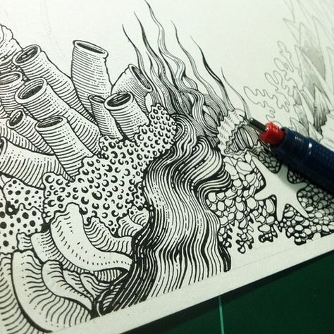 Design Stack: A Blog about Art, Design and Architecture: Beautifully Detailed Ink Drawings & Doodles Water Pen Drawing, Rooster Drawing, Water Sketch, Underwater Drawing, Cuadros Diy, Ocean Drawing, Wave Drawing, Sea Drawing, Ink Pen Art