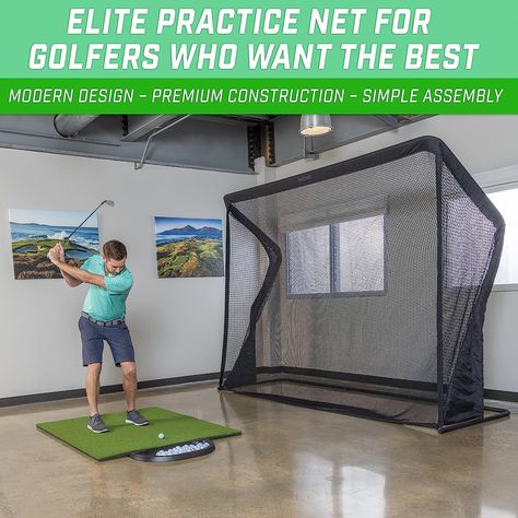 ELITE PRACTICE: Top tier golf practice hitting net for golfers who want the best; 10 ft x 7.5 ft heavy-duty netting is designed for over 10,000 hits at any swing speed COMMERCIAL GRADE: Made with a robust steel frame and premium high tension netting that is 3x stronger than our current bestselling golf net MODERN DESIGN: Features a powder coated steel frame with a sleek black satin finish to look great in any home, office or backyard; Assembled size is 7.5’ tall x 10’ wide x 3.5’ deep Golf Practice Net, Golf Net, Golf Training Aids, Cubby Houses, Golf Practice, High Tension, Golf Training, Golf Tips, Golfers