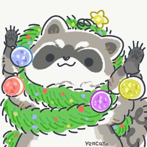 Toast The Racoon, Christmas Animals Cartoon, Yencatx Raccoons, Cute Christmas Art Drawing, Cute Racoon Drawings, Raccoon Drawing Cute, Toast The Raccoon, Raccoon Fanart, Raccoon Drawing Simple