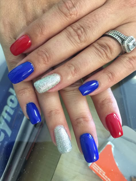 Blue red and silver nails colors Red Nails With Blue Accent Nail, Red Blue And Silver Nails, Red Blue Silver Nails, Long Squoval Nails, Red And Blue Nails Design, Blue Jays Nails, Patriot Nails, Confirmation Nails, Blue And Red Nails