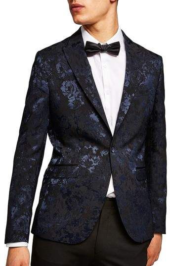 Topman Skinny Fit Floral Jacquard Suit Jacket, A handsome floral jacquard motif adds lustrous definition to a skinny-fit formalwear jacket streamlined with fabric-wrapped buttons. Style Name:Topman #Skinny #Fit Floral Jacquard #Suit #Jacket #mostpopular #cheapest Black Floral Suit Men, Floral Tuxedo Men, Floral Suit Men Wedding, Floral Mens Suit, Floral Suits For Men, Floral Suit Men, Prom Fits, Floral Suit Jacket, Satin Suits