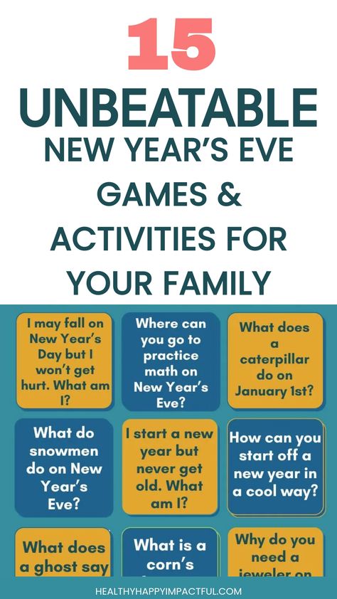 15 unbeatable New Year's Eve games and activities for your family featuring fun riddles. New Years Eve Jepordy, New Years Eve Family Traditions Fun, Games To Play New Years Eve Fun, Games For New Year's Eve, Games To Play At New Years Eve Party Fun, At Home New Years Eve Party Families, New Year’s Eve Activities For Families, Fun New Year’s Eve Game, New Year Family Activities