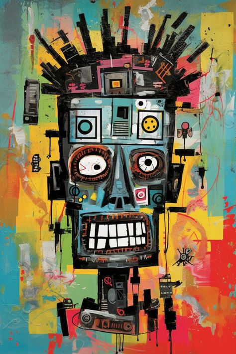 This masterpiece features a humanoid robot with a skull-like head, expressive eyes, and a playful grin, all beautifully crafted with a vibrant array of colors. Dive into the abstract and contemporary world of art that harmonizes intricate details with a myriad of mesmerizing shades. Elevate your decor, clothing, and posters with this unique creation. #GiveMeMood #RobotArt #CyberArt #AbstractPortrait #ModernDesign #ColorfulCanvas #TechInspired Robot Portrait, Assemblage Art Collage, Abstract Art Projects, Heavy Snowfall, Contemporary World, Cyborgs Art, Abstract Expressionist Art, Futuristic Robot, Mannequin Art