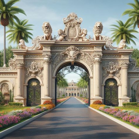 Luxury Mansions Interior Entrance, Beautiful Gates Entrance, Palace Entrance Gate, Luxury Palace Exterior, Entry Gate Design, Castle Entrance, Luxury Houses Entrance, Gate Pictures, Water Wall Fountain