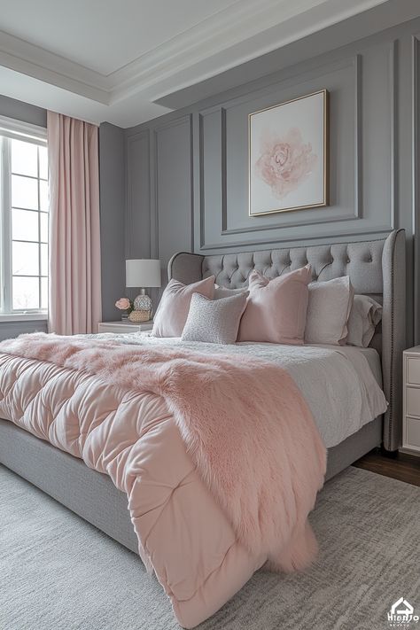 Transform your master bedroom into a luxurious oasis with a pink and grey color palette.  Explore pink and grey master bedroom decor ideas, from plush bedding and elegant furniture to statement lighting and artwork.  Create a space that is both stylish and relaxing, perfect for a restful night's sleep. Pink And Gray Bedroom, Room Decor Bedroom Rose Gold, Pink Gray Bedroom, Girly Pink Bedroom, Pink Bedroom Walls, Grey Bed Frame, Pink Bedroom Ideas, Pink Bedroom Decor, Classy Bedroom